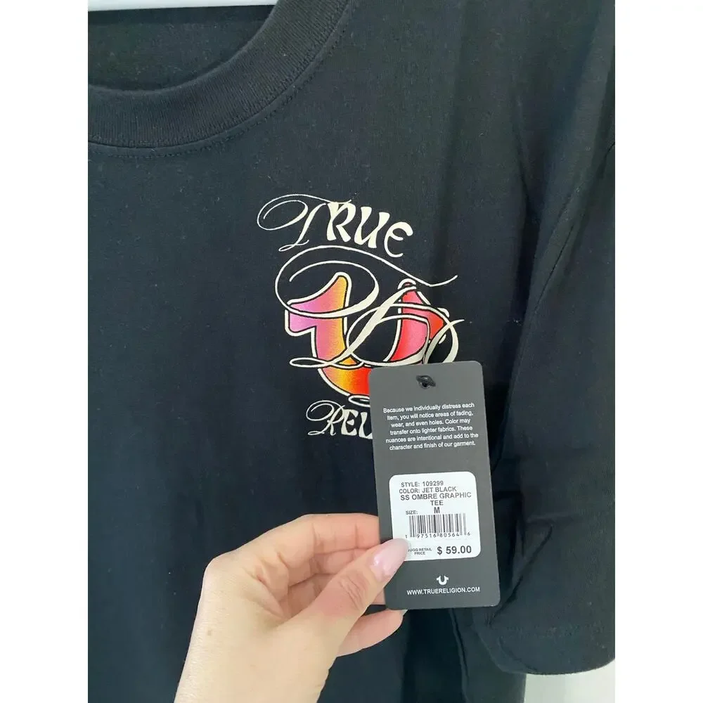 True Religion Ombre Logo Graphic Tee Black Short Sleeve Medium NWT